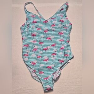 Ingear Flamingo Print One Piece Swimsuit - Pink and Blue